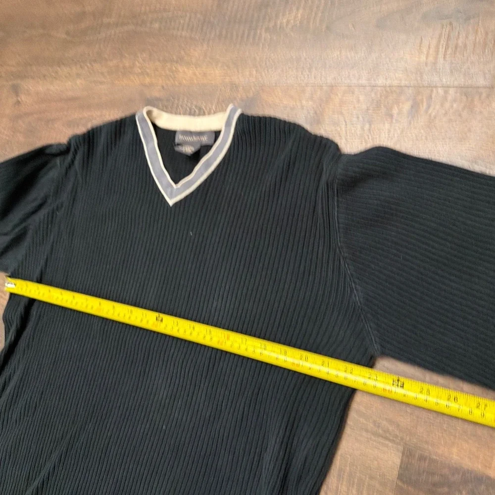 Banana Republic Mens V-Neck Ribbed Cotton Sweater Black Grey Tipping Large
